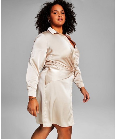 Trendy Plus Size Faux-Wrap Satin Dress Tan/Beige $14.15 Dresses