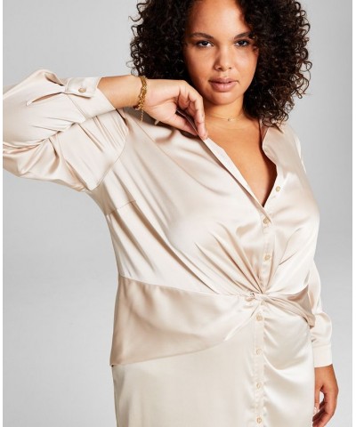 Trendy Plus Size Faux-Wrap Satin Dress Tan/Beige $14.15 Dresses