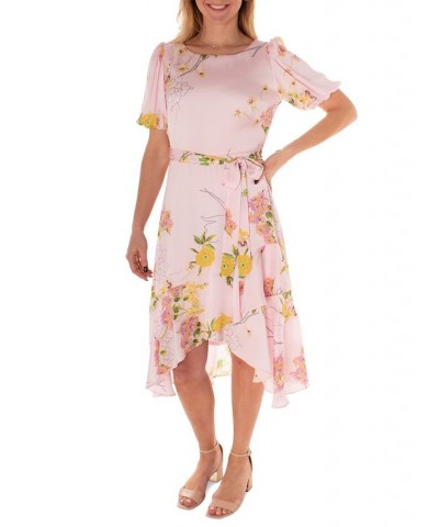 Women's Floral-Print Balloon-Sleeve Faux-Wrap Dress Pink/Gold $55.04 Dresses