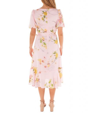 Women's Floral-Print Balloon-Sleeve Faux-Wrap Dress Pink/Gold $55.04 Dresses