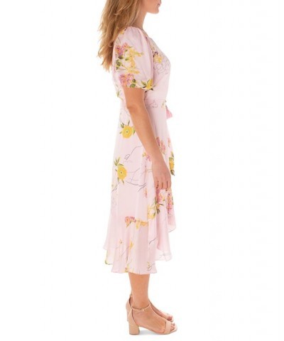 Women's Floral-Print Balloon-Sleeve Faux-Wrap Dress Pink/Gold $55.04 Dresses