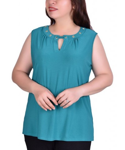 Women's Plus Size Sleeveless Grommeted Top Teal $12.33 Tops