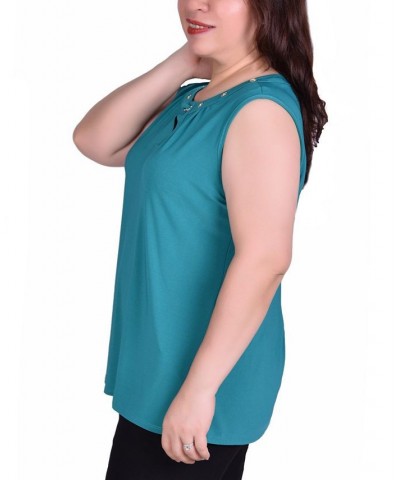 Women's Plus Size Sleeveless Grommeted Top Teal $12.33 Tops