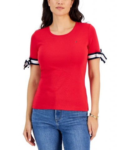 Women's Cotton Striped Tie-Sleeve T-Shirt Red $9.57 Tops