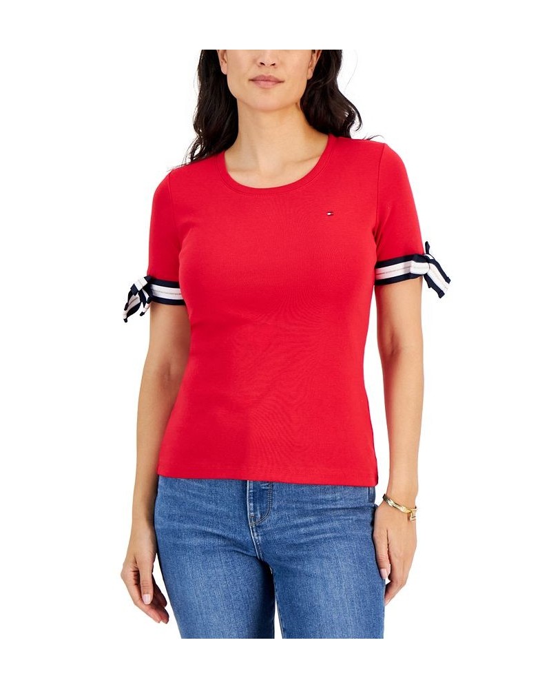 Women's Cotton Striped Tie-Sleeve T-Shirt Red $9.57 Tops