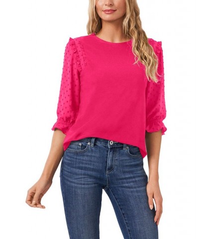 Women's Ruffle Mixed-Media Elbow Sleeve Blouse Pink $19.18 Tops