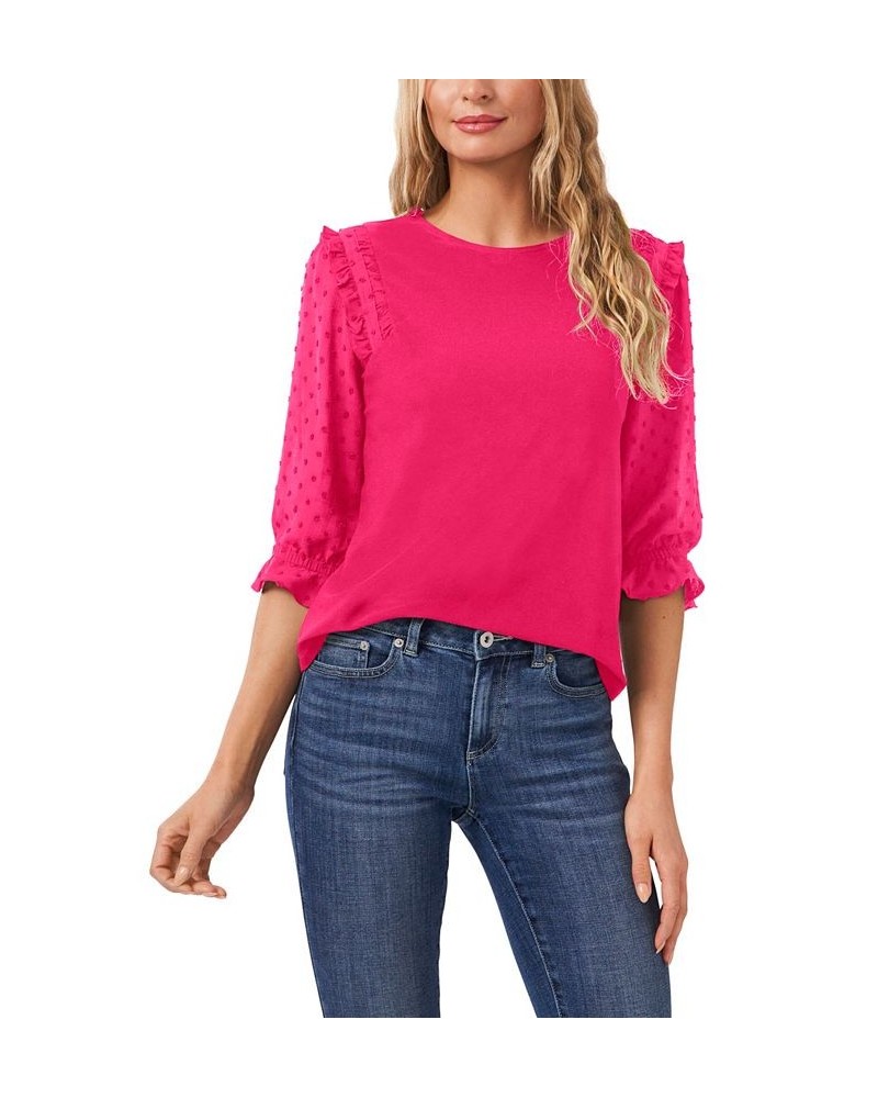 Women's Ruffle Mixed-Media Elbow Sleeve Blouse Pink $19.18 Tops