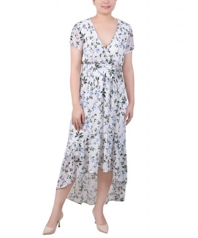 Petite Short Sleeve High Low Hem Chiffon Dress Ivory Blue Floral $30.60 Dresses