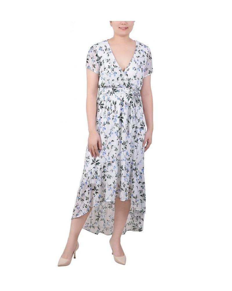 Petite Short Sleeve High Low Hem Chiffon Dress Ivory Blue Floral $30.60 Dresses