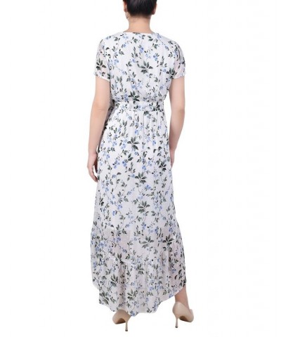 Petite Short Sleeve High Low Hem Chiffon Dress Ivory Blue Floral $30.60 Dresses