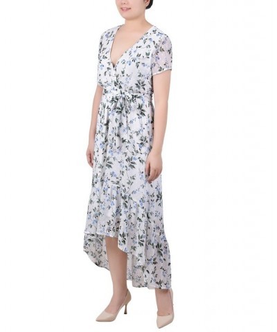 Petite Short Sleeve High Low Hem Chiffon Dress Ivory Blue Floral $30.60 Dresses