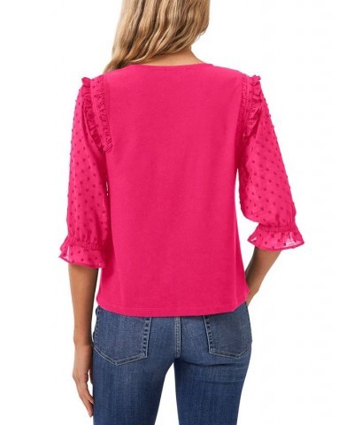 Women's Ruffle Mixed-Media Elbow Sleeve Blouse Pink $19.18 Tops