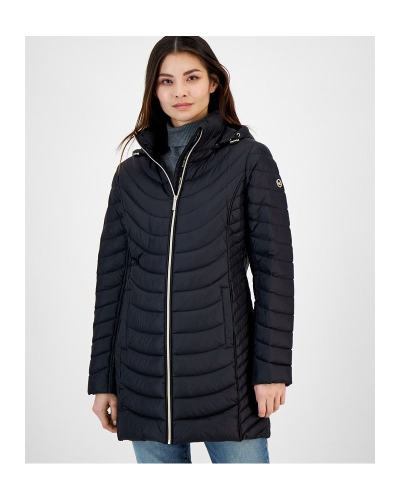 Women's Petite Hooded Packable Puffer Coat Black $91.20 Coats