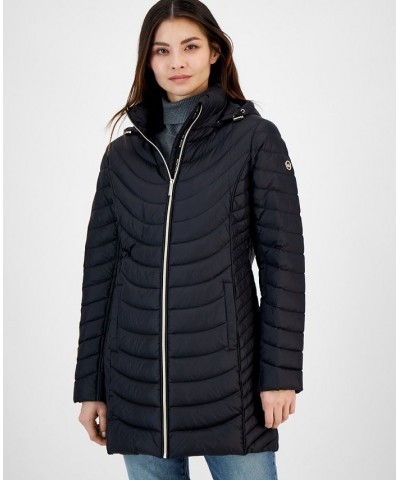 Women's Petite Hooded Packable Puffer Coat Black $91.20 Coats