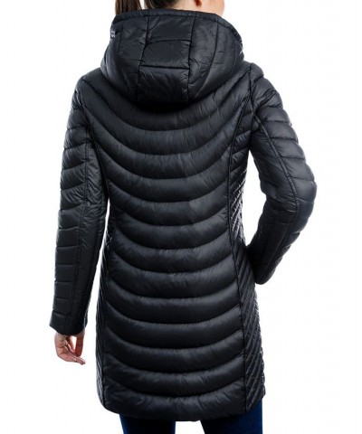 Women's Petite Hooded Packable Puffer Coat Black $91.20 Coats