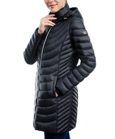 Women's Petite Hooded Packable Puffer Coat Black $91.20 Coats