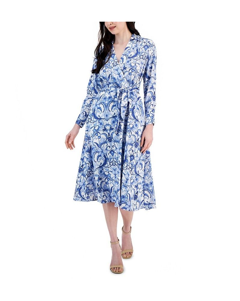 Women's Printed Wrap-Style Belted Dress Ivory/Blue $54.08 Dresses