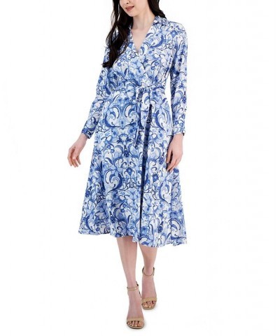 Women's Printed Wrap-Style Belted Dress Ivory/Blue $54.08 Dresses