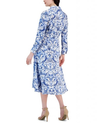 Women's Printed Wrap-Style Belted Dress Ivory/Blue $54.08 Dresses