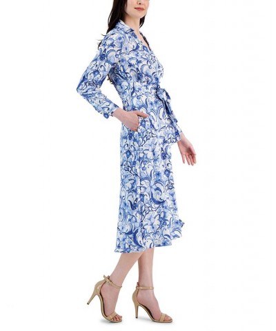 Women's Printed Wrap-Style Belted Dress Ivory/Blue $54.08 Dresses