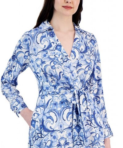 Women's Printed Wrap-Style Belted Dress Ivory/Blue $54.08 Dresses