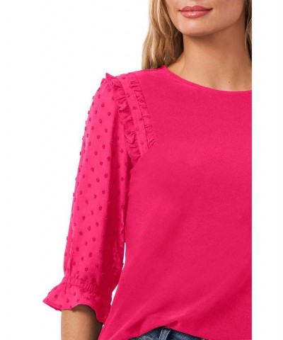 Women's Ruffle Mixed-Media Elbow Sleeve Blouse Pink $19.18 Tops