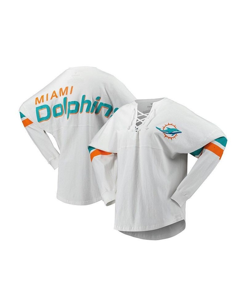 Women's Branded White Miami Dolphins Spirit Jersey Lace-Up V-Neck Long Sleeve T-shirt White $36.08 Tops