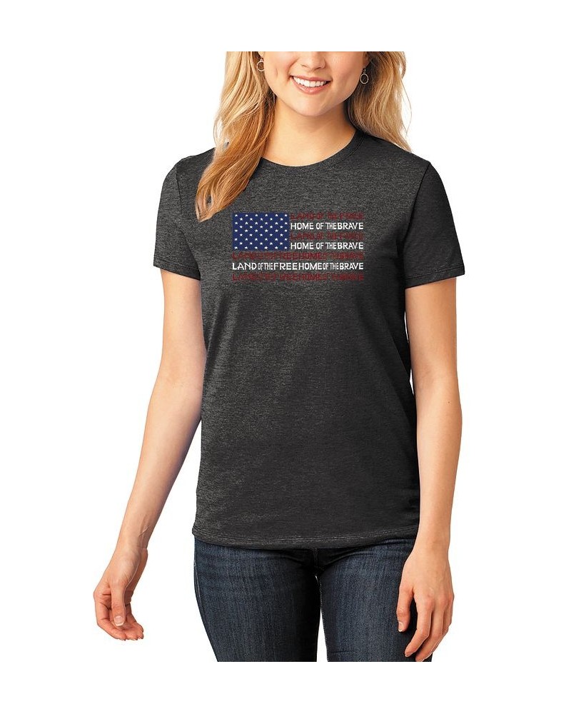 Women's Premium Blend Land of the Free American Flag Word Art T-shirt Black $18.86 Tops