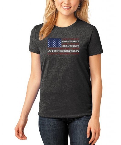 Women's Premium Blend Land of the Free American Flag Word Art T-shirt Black $18.86 Tops