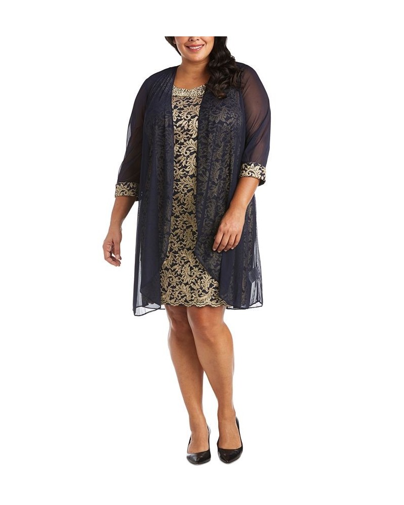 Plus Size Embroidered 2-Pc. Chiffon Imitation Pearl-Neck Dress Navy/Gold $70.03 Dresses