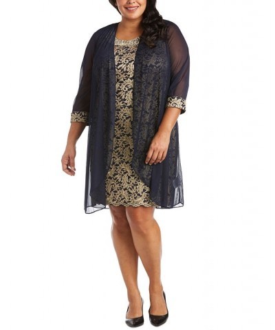 Plus Size Embroidered 2-Pc. Chiffon Imitation Pearl-Neck Dress Navy/Gold $70.03 Dresses