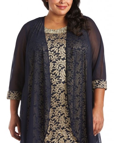 Plus Size Embroidered 2-Pc. Chiffon Imitation Pearl-Neck Dress Navy/Gold $70.03 Dresses