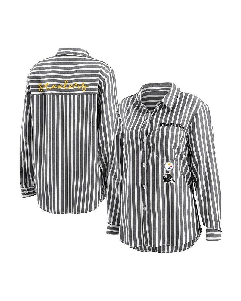 Women's Black Pittsburgh Steelers Striped Long Sleeve Button-Up Shirt Black $35.69 Tops