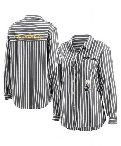 Women's Black Pittsburgh Steelers Striped Long Sleeve Button-Up Shirt Black $35.69 Tops