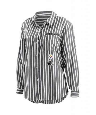 Women's Black Pittsburgh Steelers Striped Long Sleeve Button-Up Shirt Black $35.69 Tops