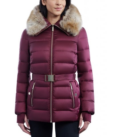 Women's Belted Faux-Fur-Trim Hooded Puffer Coat Red $79.20 Coats