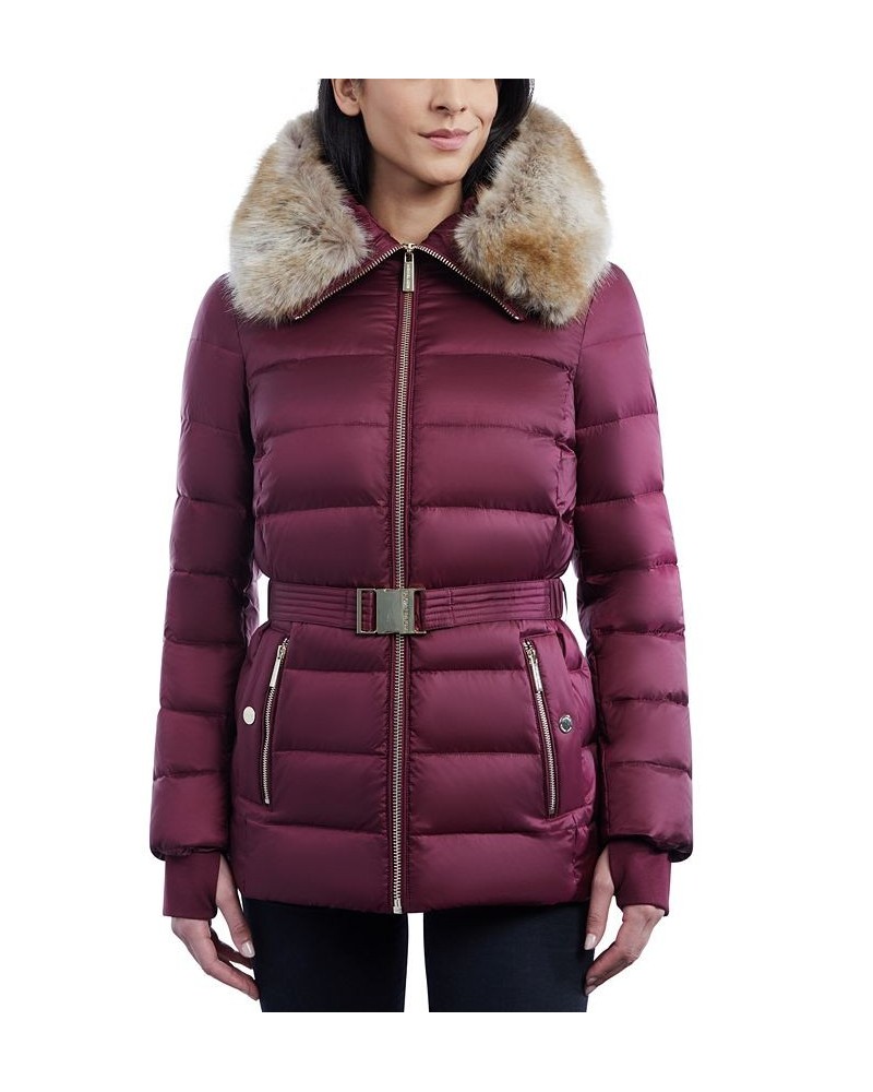 Women's Belted Faux-Fur-Trim Hooded Puffer Coat Red $79.20 Coats