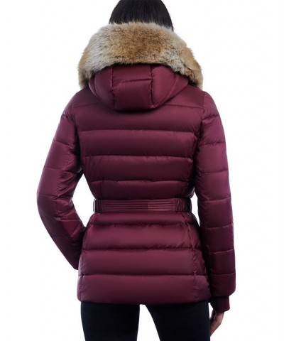 Women's Belted Faux-Fur-Trim Hooded Puffer Coat Red $79.20 Coats