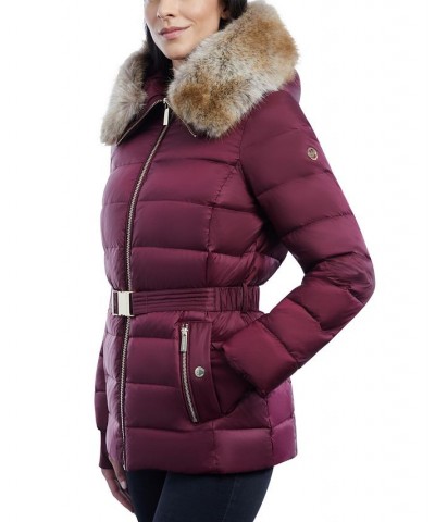 Women's Belted Faux-Fur-Trim Hooded Puffer Coat Red $79.20 Coats