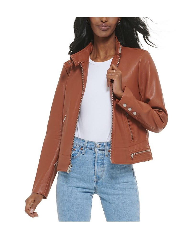 Faux-Leather Moto Racer Jacket Dark Camel $32.80 Jackets