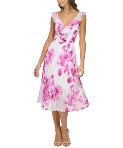 Women's Ruffled-Neck Pleated-Skirt Dress Fuchsia White $58.46 Dresses