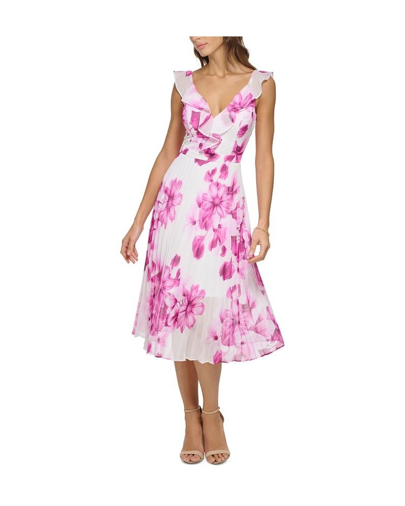 Women's Ruffled-Neck Pleated-Skirt Dress Fuchsia White $58.46 Dresses