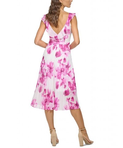 Women's Ruffled-Neck Pleated-Skirt Dress Fuchsia White $58.46 Dresses