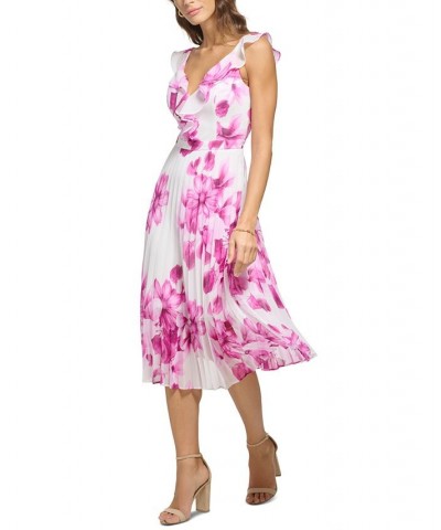 Women's Ruffled-Neck Pleated-Skirt Dress Fuchsia White $58.46 Dresses