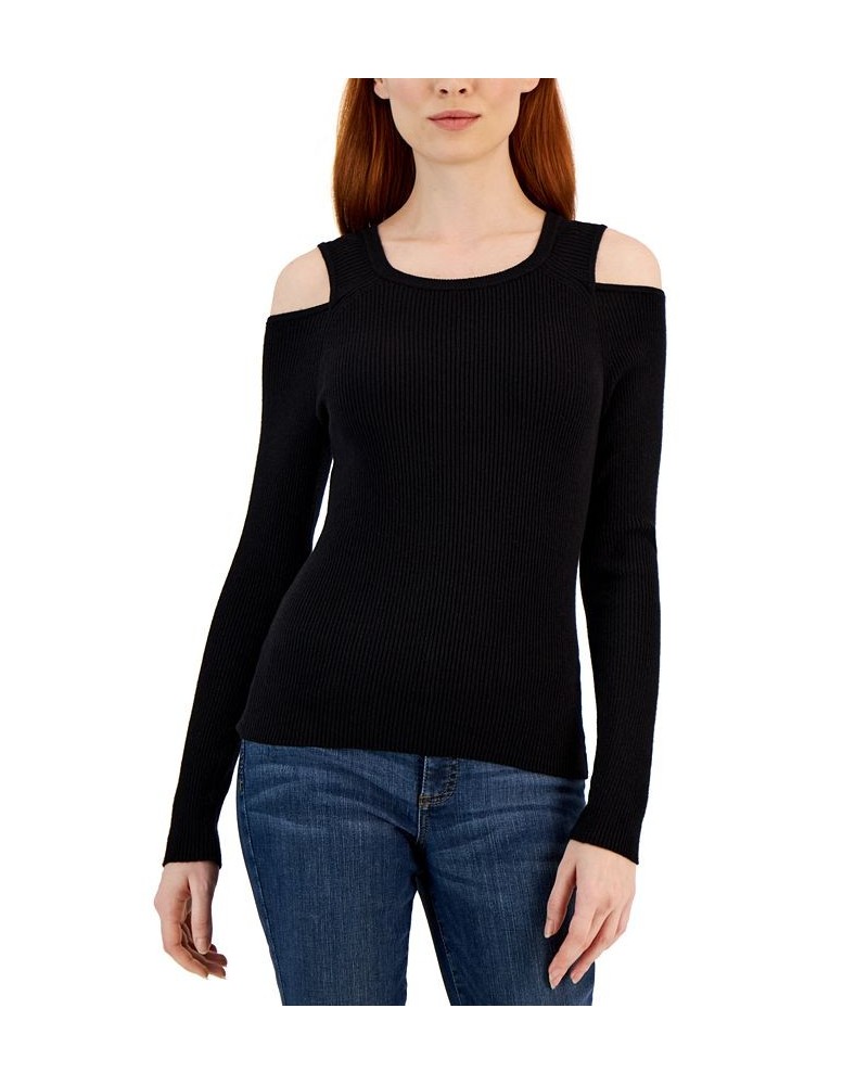 Women's Ribbed Cold-Shoulder Sweater Black $16.67 Sweaters