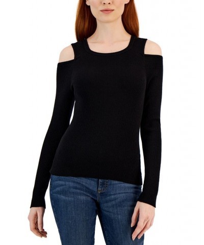 Women's Ribbed Cold-Shoulder Sweater Black $16.67 Sweaters