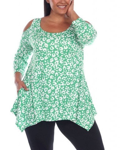 Plus Size Leopard Cold Shoulder Tunic Top Green $25.42 Tops