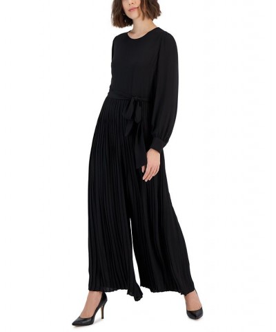 Women's Tie-Waist Pleated Wide-Leg Jumpsuit Black $54.53 Pants