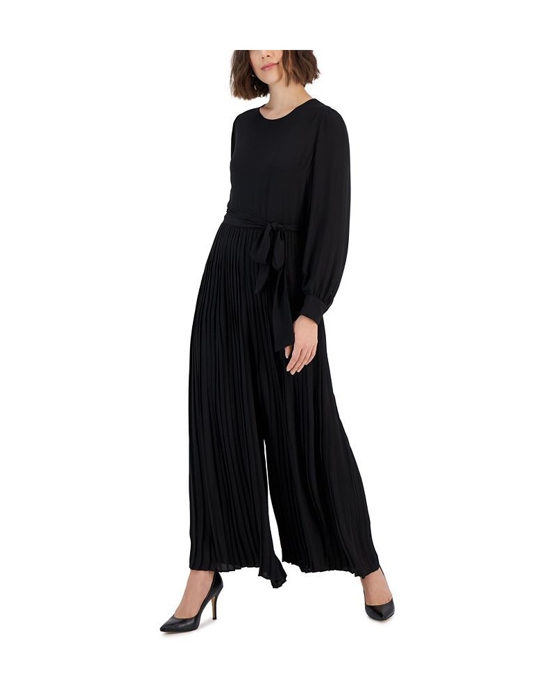 Women's Tie-Waist Pleated Wide-Leg Jumpsuit Black $54.53 Pants