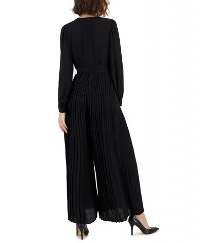 Women's Tie-Waist Pleated Wide-Leg Jumpsuit Black $54.53 Pants